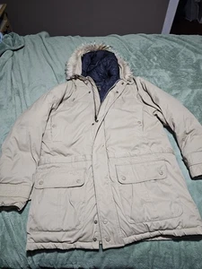 Chaqueta Eddie Bauer Para Hombre Talla XL Off White Plumón de Ganso Parka Borde Intemperie Piel Sintética  - Imagen 1 de 15