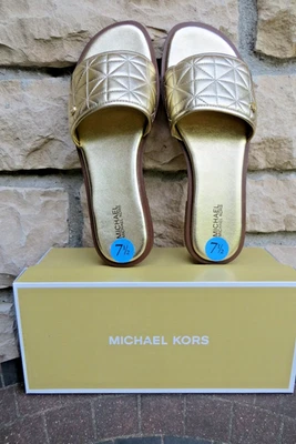 Michael Kors NIB Women's MK Felicia Quilted Flat Slide - Pale Gold - Size 7.5M - Image 1 of 3