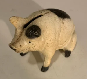 Cast Iron Sitting Pig Coin - Piggy Bank White w/ Black Spots Farm Hog - LOT24-26 - Picture 1 of 3