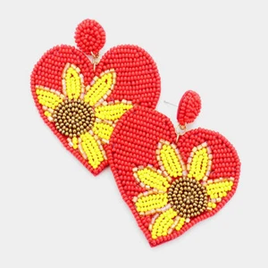 NEW Big Bright Red Heart w/ Yellow Sunflower Seed Bead Drop Dangle Earrings - Picture 1 of 1