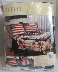 Handcrafted Patchwork Americana Patriotic Quilt Set Cotton King + 2 Shams - Picture 1 of 5