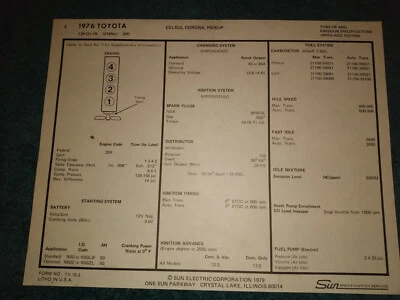 Toyota Celica Corona 1976 camioneta 134 i-4 motor parasol tabla de puesta a punto / ¡información de 2189 cc! Foto 1 de 2