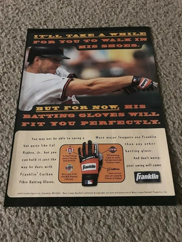 Vintage CAL RIPKEN JR. Franklin Batting Gloves Poster Print Ad ORIOLES 1997 90s Cover