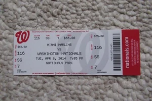Boleto completo de los Nacionales de Washington vs Miami Marlins 8/04/2014 - Imagen 1 de 1