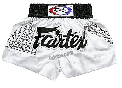 FAIRTEX BS0637 MUAY THAI KICK BOXING SATIN SHORTS WHITE TIGER SUPERSTITION MMA - Image 1 of 3