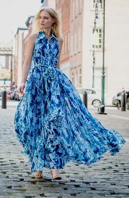 BADGLEY MISCHKA Blue Floral Print Halter Chiffon Shirt-Dress Maxi Gown 6 US = S - Image 1 of 4