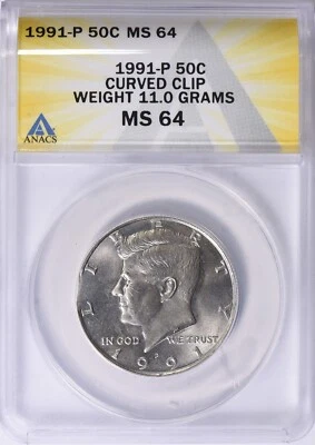 1991-P Kennedy Half Dollar ANACS MS 64 Curved Rim Clip Mint Error - Image 1 of 4