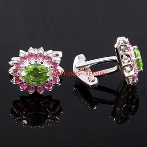 Natural Periodot & Ruby Gemstones with 925 sterling silver cufflinks for men's  - Picture 1 of 3