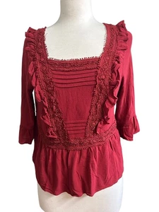 Blue Rain Burgundy Top Blouse Boho Peasant Ruffles Crochet Lace Bell Sleeve Sz M - Picture 1 of 7