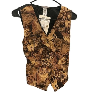 Vtg Womens Tapestry Vest Cats Sz Small Embroidered Crazy Cat Lady NEW Deadstock - Image 1 of 4