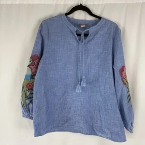 Chico's Blue Embellished Blouse with 3/4 Sleeves, parakeet print Size: M - Picture 1 of 12