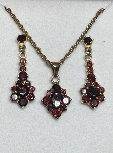 Vtg Deep Red Bohemian Garnet Stone Pendant And Flower Drop Earring Set - Picture 1 of 8