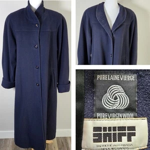 Vintage Shiff 100% Wool Overcoat Womens Large Navy Long Coat Trench 70s Classic - Picture 1 of 17