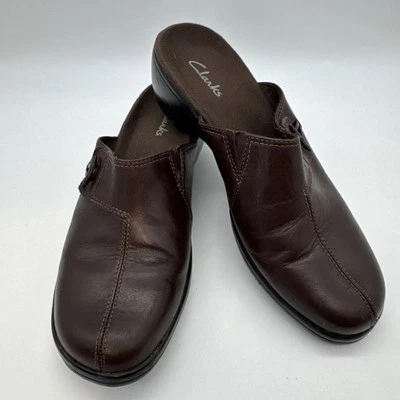 Clarks Adele Brown Clog Mules Leather Heeled Wedges Open Back Womens Size 8 M - Image 1 of 4