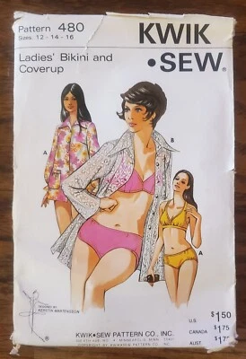 Vintage Kwik Sew Sewing Pattern 480 Womens Bikini & Coverup 12/14/16 Swimsuit - Image 1 of 3