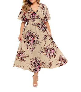 Tan Floral Maxi Dress Size XL Flutter Sleeve Boho V Neck Lightweight - Imagen 1 de 8