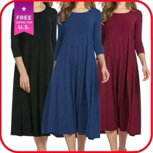 WOMENS LADIES PLAIN JERSEY SWING DRESS CASUAL LONG SLEEVE MIDI DRESSES SKATER - Picture 1 of 21