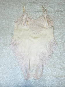 Vtg WONDERMAID Sz 34 PINK Slip TEDDY Hi-Cut ROMPER Satin FLORAL Lace Snap Gusset - Picture 1 of 9