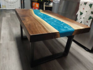 Resin Table w/ Blue River, Epoxy river Accent Furniture, Beautiful High-Gloss