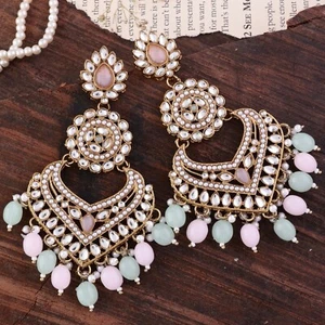 Bollywood Style Gold Plated Indian Jewelry Pearl Kundan Jhumka Earrings Set - Picture 1 of 5