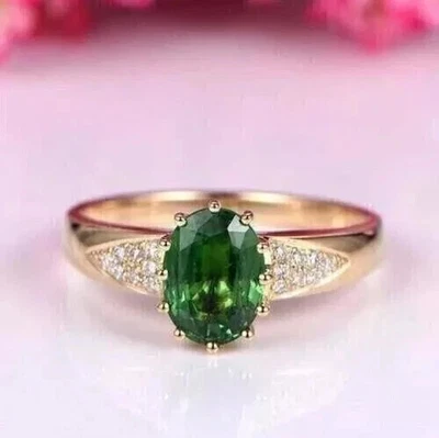 2CT Oval Lab Created Emerald Diamond Women's Wedding Ring 14K Yellow Gold Plated - Image 1 of 3