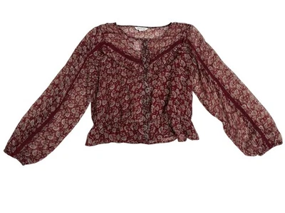 Top American Eagle Talla M Borgoña Boho Floral Transparente Volantes Encaje Mangas con Puños Foto 1 de 4