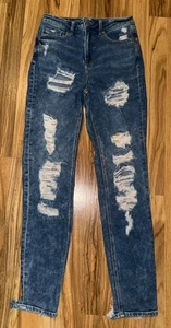 American Eagle Mom Jeans Women's Sz 0 Long Distressed Stretch - Picture 1 of 6
