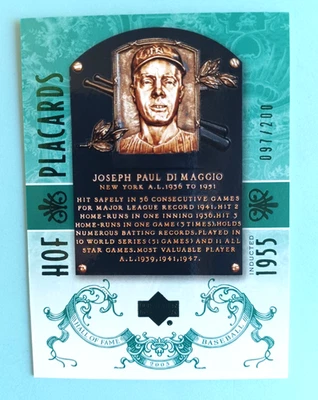 2005 UPPER DECK HALL OF FAME HOF PLACARDS JOE DIMAGGIO #90 GREEN #/200 YANKEES — 第 1/2 张图片