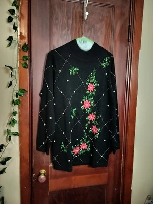 Black Christmas Sweater BP Design M w/ Beaded Embroidered Pullover w/ Poinsettia - Image 1 of 4
