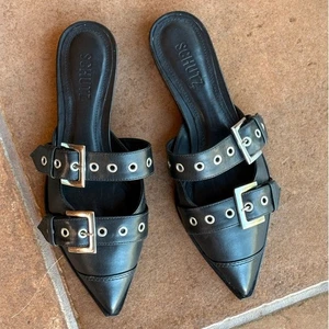 Schutz "Penny Flats" Black Buckle Mules with Silver Hardware, Pointy Toes size 6 - Picture 1 of 15