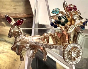 Vintage CoroCraft Adolf Katz 1948 Goldteller Strass Esel ziehen Blumenwagen - Bild 1 von 9
