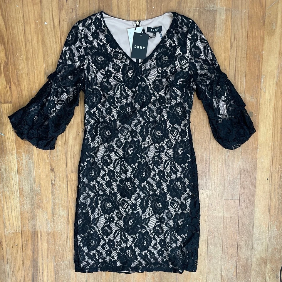 Vestido DKNY Negro Encaje Forro Desnudo Mangas Abullonadas 3/4 NUEVO CON ETIQUETAS $149 RV Talla 6 Fiesta Foto 1 de 4