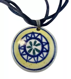 Hand Made Pottery Pendant Round Necklace Flower Sun Design With Velvet Blue Cord - Picture 1 of 10