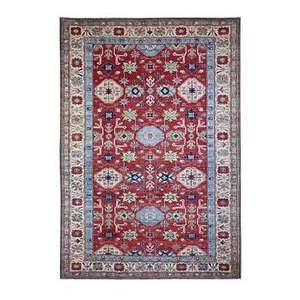 Alfombra anudada a mano roja afgana súper kazaja de lana suave de lana anudada a mano de 6'8""x9'10"" R74824 - Imagen 1 de 6