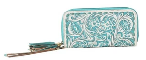 Myra Tasche #11896 handbesetztes Leder ~ türkis 8"x4" Geldbörse ~ Kartenfächer ~ Reißverschluss innen - Bild 1 von 4