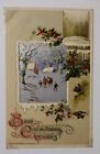 Best Christmas Wishes Postcard Outdoor Scene Birds Holly Icy Border Winsch