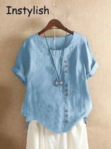 Vintage Harajuku Button T Shirt Casual Summer Short Sleeve Cotton Linen Solid. - Picture 1 of 31