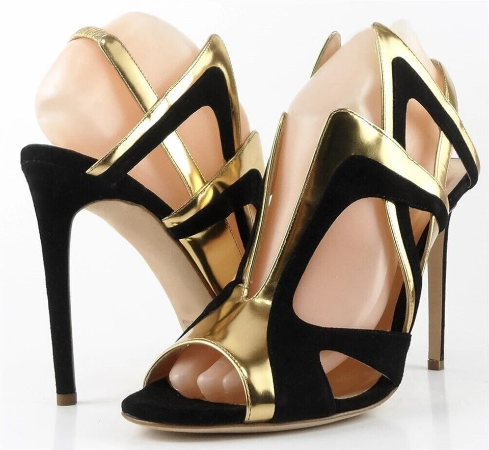 $1295 ALEJANDRO INGELMO COLLIDER Black Gold Leather Suede SANDALS 8.5 EUR 39 - Image 1 of 4