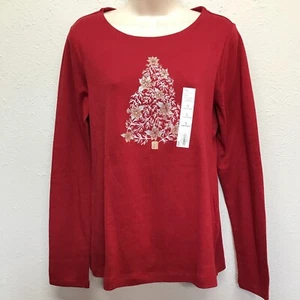 Croft & Barrow Holiday Shirt Damen S rot Weihnachtssternbaum klassisch langarm - Bild 1 von 7