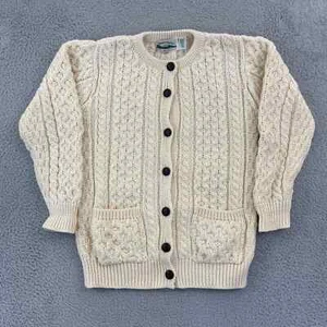 Aran Crafts Sweater Womens Medium Merino Wool Button Cable Knit Button Fisherman - Picture 1 of 10