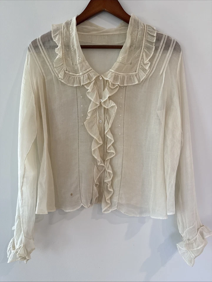 Blusa antigua eduardiana vintage de 1900 de 1920 con volantes Blue Bird París Nueva York Foto 1 de 4