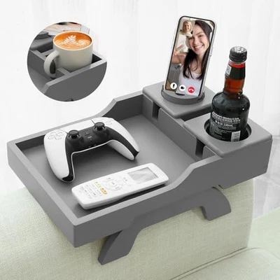 Couch Cup Holder, 4-in-1 Side Couch Arm Tray with Phone Holder, Sofa Clip Gray - Image 1 of 4