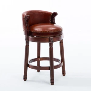 Seat 26''H Cow Top Leather Wooden Bar Stools Swivel Counter Height Chair w/ Back - Picture 1 of 6
