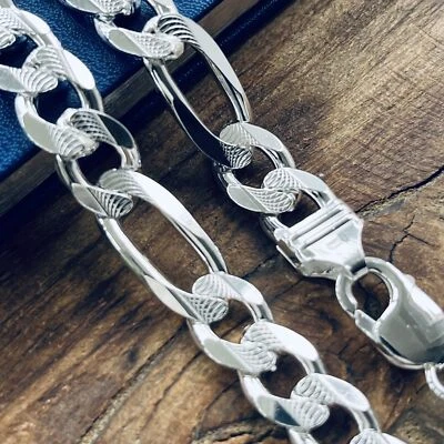 Real Sterling Silver Mens Diamond Cut Figaro Chain Necklace 925 Italy Stamp - Image 1 of 4