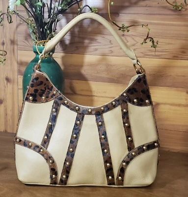 Beverly Feldman Leather Purse With Faux Fur Trim, Large, Tote, Studded, Beige - Image 1 of 4