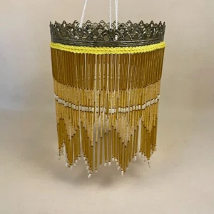 Vintage Yellow Beaded Ceiling Light Shade Gold Metal Ring Round Retro Pendant - Picture 1 of 12