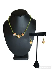 Lampwork floral bead necklace and matching earrings w/ semiprecious stone beads - Picture 1 of 4