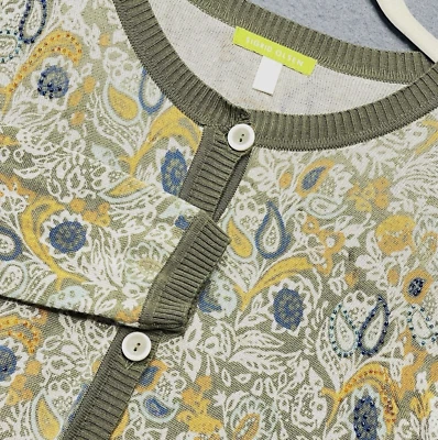 Sigrid Olsen PS Silk Blend Cardigan PETITE Beaded Paisley Print Soft Lightweight - Image 1 of 4