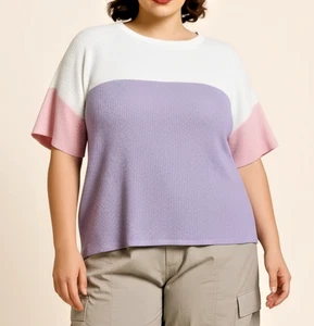 Lovely Melody Womens XL Short Sleeve Top Purple White Pink Y2K Casual Mom Boxy - Picture 1 of 14