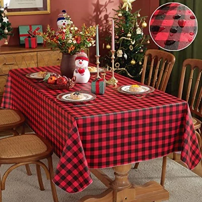 Buffalo Plaid Vinyl Christmas Tablecloth 70" x 52" (Rectangular) Red and Black - Image 1 of 4